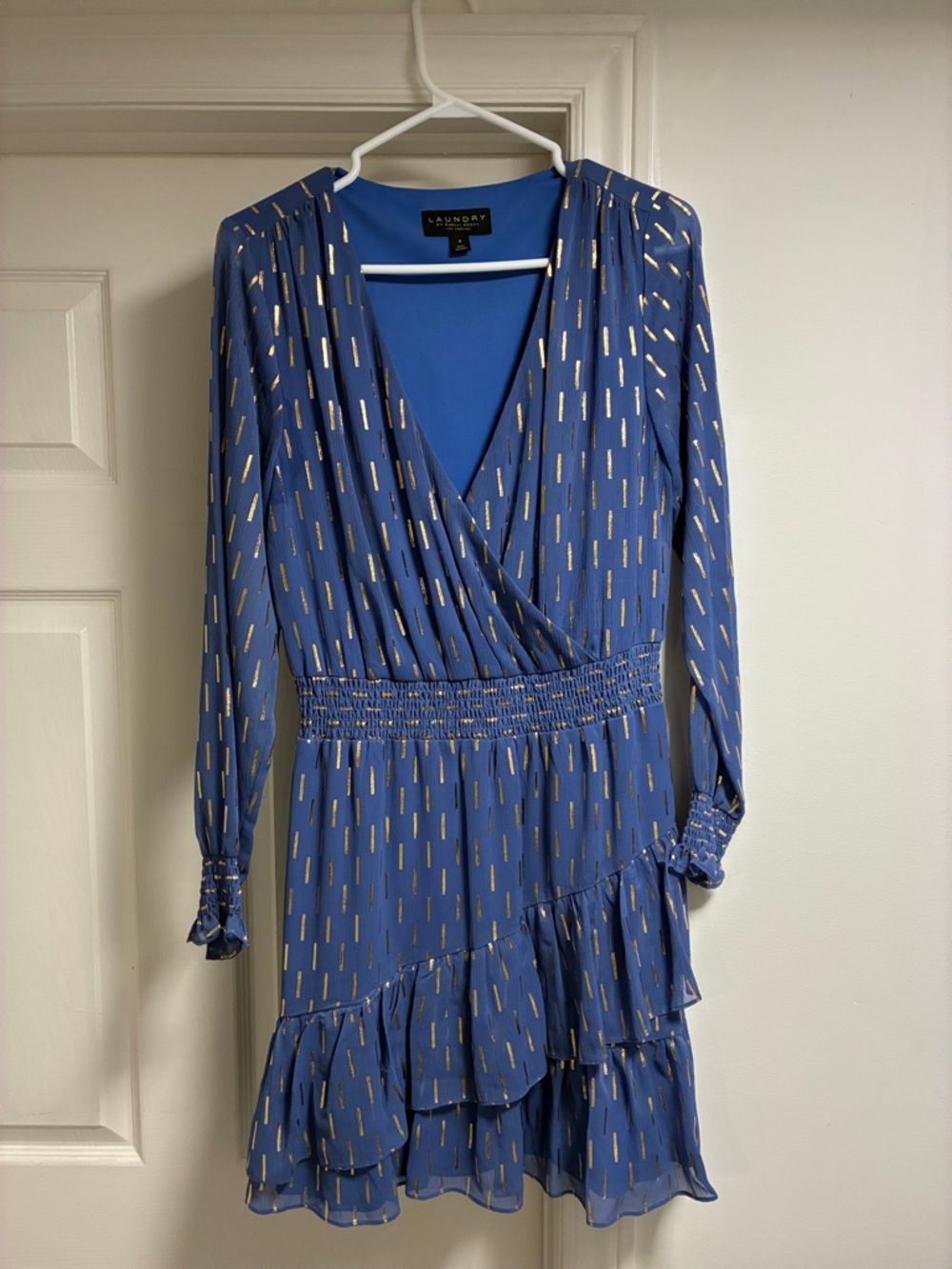 Laundry By Shelli Segal Blue Dress with Gold Metallic Dashes